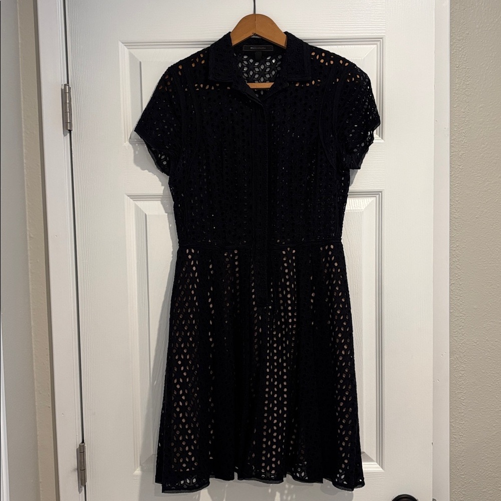BCBGMaxAzria Dasha Black Eyelet Lace Fit & Flare Dress Short Sleeve Pockets Sz 4 - Picture 2 of 9